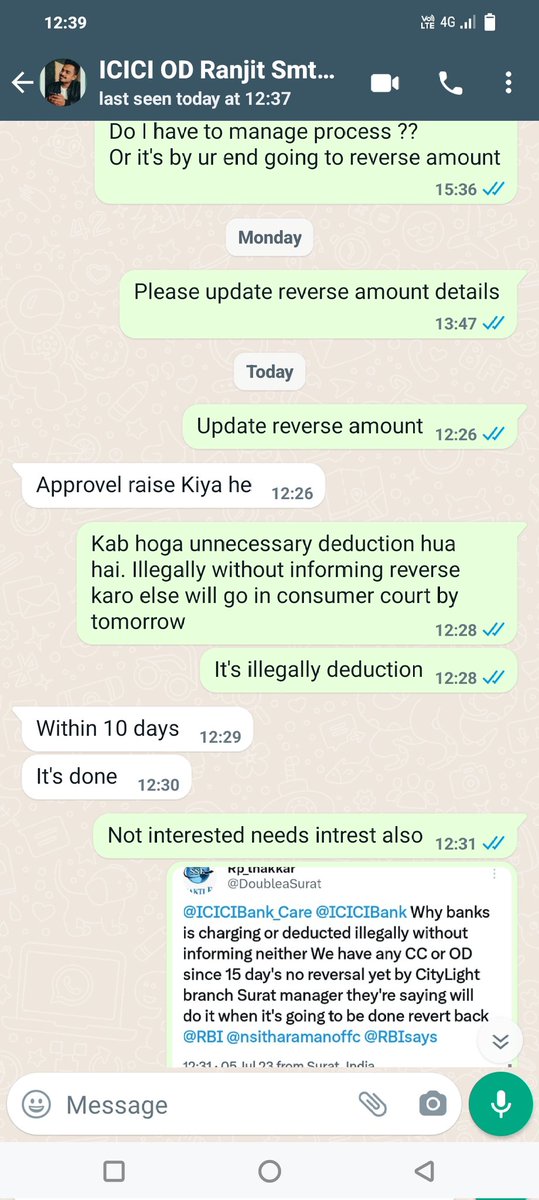 DoubleaSurat's tweet photo. What a shameless reply from ICICI Bank person Already illegally deduction from account since 10+ day's now asking more 10 day's ?? Is scam running by ICICI Bank by charging illegally without having any CC or OD they charge client without informing?? @ICICIBank_Care @RBIsays https://t.co/P3neTlHWrQ