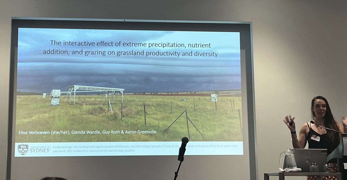 Glenda Wardle (@desert_ecology) on Twitter photo Fantastic talk from <a href="/ellyvlovestrees/">Elise Verhoeven</a> at #ESAust23 on the interactive effects of #drought #floods #nutrients and #grazing on #grassland productivity
<a href="/EcolSocAus/">Ecological Society of Australia</a> <a href="/AarontheEcolog/">Aaron Greenville</a> <a href="/SiaSydney/">Sydney Agriculture</a>
<a href="/NutNetGlobal/">Nutrient Network</a> <a href="/DroughtNet/">DroughtNet</a> Fantastic talk from <a href="/ellyvlovestrees/">Elise Verhoeven</a> at #ESAust23 on the interactive effects of #drought #floods #nutrients and #grazing on #grassland productivity
<a href="/EcolSocAus/">Ecological Society of Australia</a> <a href="/AarontheEcolog/">Aaron Greenville</a> <a href="/SiaSydney/">Sydney Agriculture</a>
<a href="/NutNetGlobal/">Nutrient Network</a> <a href="/DroughtNet/">DroughtNet</a>