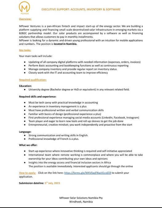 jobs_namibia's tweet photo. This Vacancy is still available at MPower Ventures

Job Title: Executive Support: Accounts, inventory, and Software
Location: Windhoek, Namibia 

Apply via this link: https://t.co/2ELQ13vS1S

Closing Date: 05 July 2023

 #software #vacancy #jobsnamibia #vacancies https://t.co/04MolJAMHJ