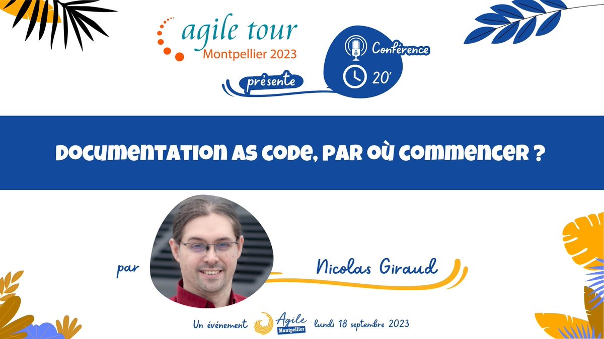 Il se présente lui-même comme “développeur passionné, addict aux outils innovants et sensible aux pratiques agiles” : merci <a href="/nicgiro/">Nicolas Giraud</a> de nous sensibiliser au concept de “documentation as code” 📄, et par où commencer, lors du prochain #Agile Tour #Montpellier 2023 ! #atmtp23