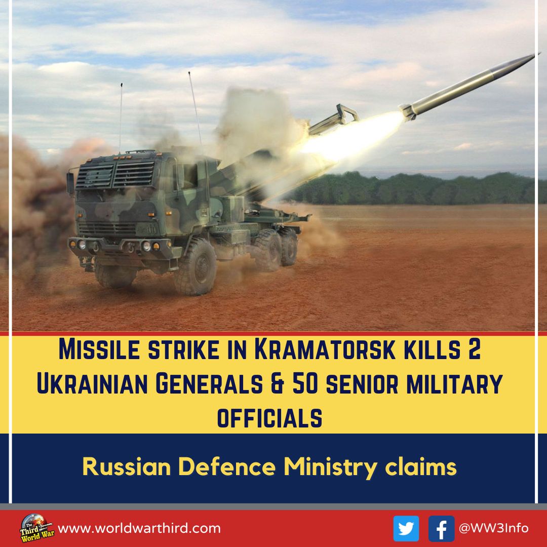 WW3Info's tweet photo. #WW3: #S300 missile strike in #Kramatorsk kills 2 Ukrainian Generals &amp; 50 senior military officials, #RussianDefence Ministry claims. Russia has said, this attack was targeted at   Ukrainian Command Center, where the Ukrainian army meeting was held. https://t.co/dQ5Jk7Ob05 https://t.co/Cksvkxe7QW