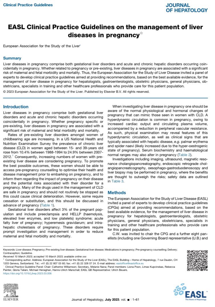 So proud to see the @EASLnews Guideline for Liver Disease in Pregnancy is now out, chaired by @cathwilliamson5 Covering: ⭐️ Pre-existing liver disease ⭐️ Gestational liver disorders ⭐️ Drug Safety tables ⭐️ Management flowcharts Link to full guideline: journal-of-hepatology.eu/action/showPdf…