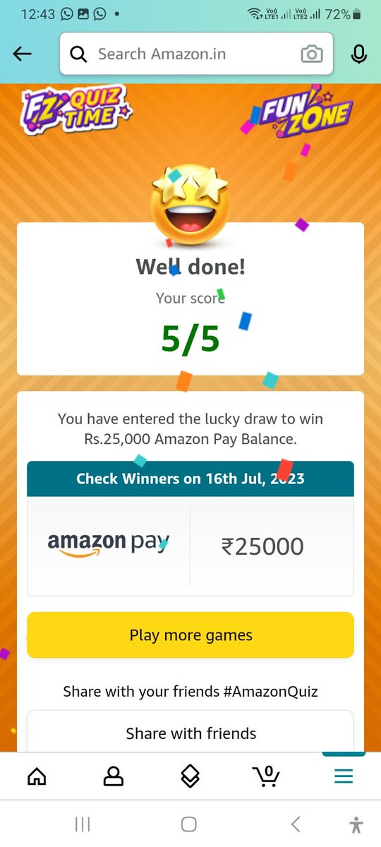 Jig8889's tweet image. #AmazonQuiz
@amazonIN
@amazon
I played this interesting Quiz on Amazon-Play games at Amazon FunZone  amazon.in/game/share/gFR…
@ManishaRuhu 
@prashant__vaja 
@DipakKu77666976