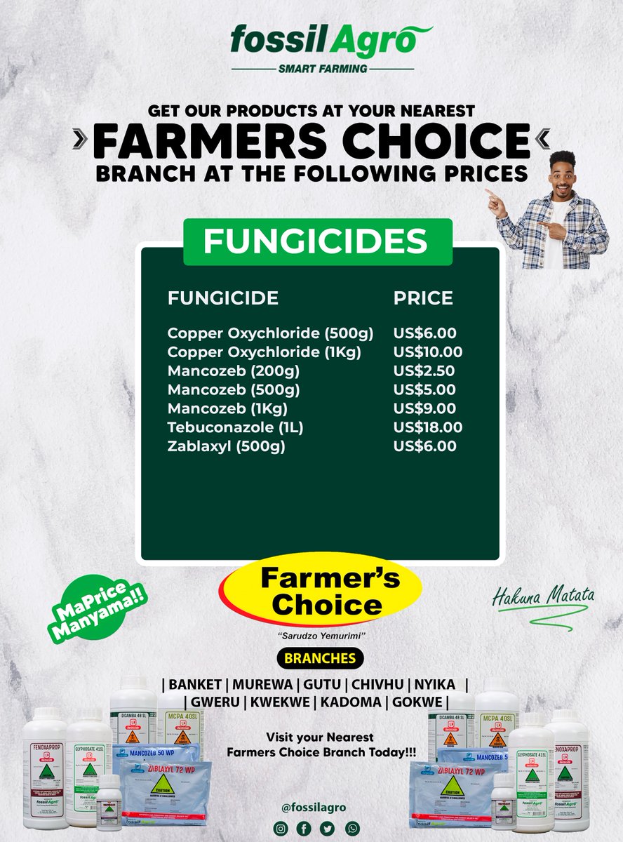 Bringing Convenience to You through Smart Partnerships!

Get any of our Products with just a Visit to any Farmers Choice Branch in Banket, Murewa, Gutu, Chivhu, Nyika, Gweru, Kadoma or Gokwe.

#fossilagro #smartfarming #smartpartnerships #farmerschoice