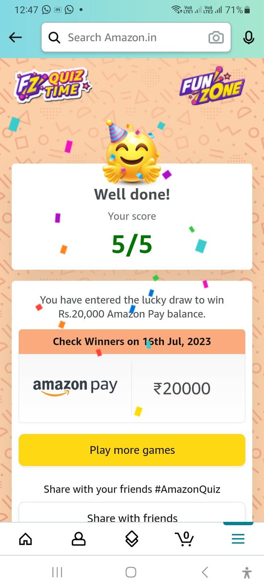 Jig8889's tweet image. #AmazonQuiz
I hope to won this contest 

I played this interesting Quiz on Amazon-Play games at Amazon FunZone  amazon.in/game/share/g9E…