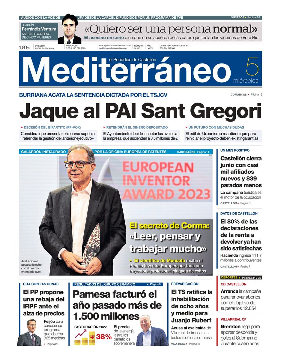 ximogorriz's tweet photo. Hoy miércoles 5 en las #portadasdeCastellón, #PAISantGregori @ajuntburriana @TSJCV #Rubert #Piaf @ajvila #AvelinoCorma @EPOorg #23J @ppopular @pamesaceramica #JFV #empleo #IRPF @cdcastellon @VillarrealCF @benbreo @AMoncofa #exhumaciones @dipcas @bacastellon @ArenalSound y más https://t.co/B0fvT5XDEG