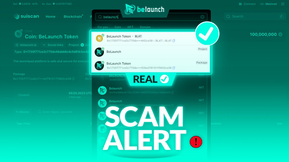 BeLaunch_'s tweet photo. ⚠️ SCAM ALERT ⚠️

Hi Belaunch fam! We want to inform you about the increasing number of "scam contracts" impersonating Belaunch. Please exercise caution when searching and investing. Belaunch hopes that no investors will lose their money. 

CONTRACT: 
0x1735f771ce2c775de46abb6c4c5d91b1ec40fa7290b9f53be2f0151f5842ce30::BLAT::BLAT