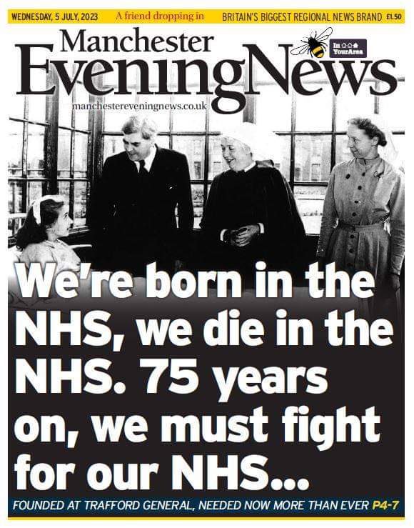 Fabulous cover of <a href="/ManchesterEven/">Manchester News Evening MEN</a> I have two sons: one born in 26th week of pregnancy, one had a long fight with leukaemia starting at age 6. Both are now well. Thank you #NHS75