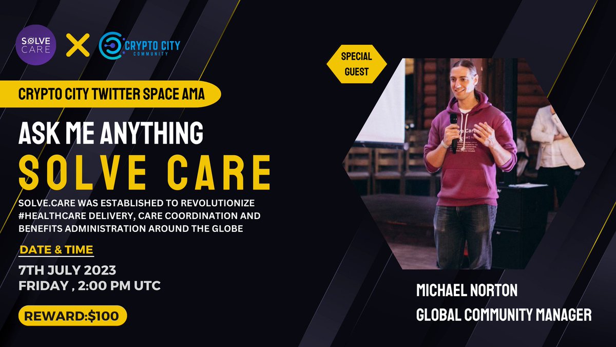 CryptoCity53's tweet photo. 🎙️We're pleased to announce our next Special #TwitterSpaceAMA with @Solve_Care on 7th July at 2:00 PM UTC

🏠Set reminder : https://t.co/5yRfZB8LFJ

💰Rewards - $100 USDT

🚨Rules:
1️⃣Follow @CryptoCity53 &amp; @Solve_Care
2⃣Like &amp;  Retweeted 
3️⃣ Comment Your Best Questions. https://t.co/VOiYfIhNpZ