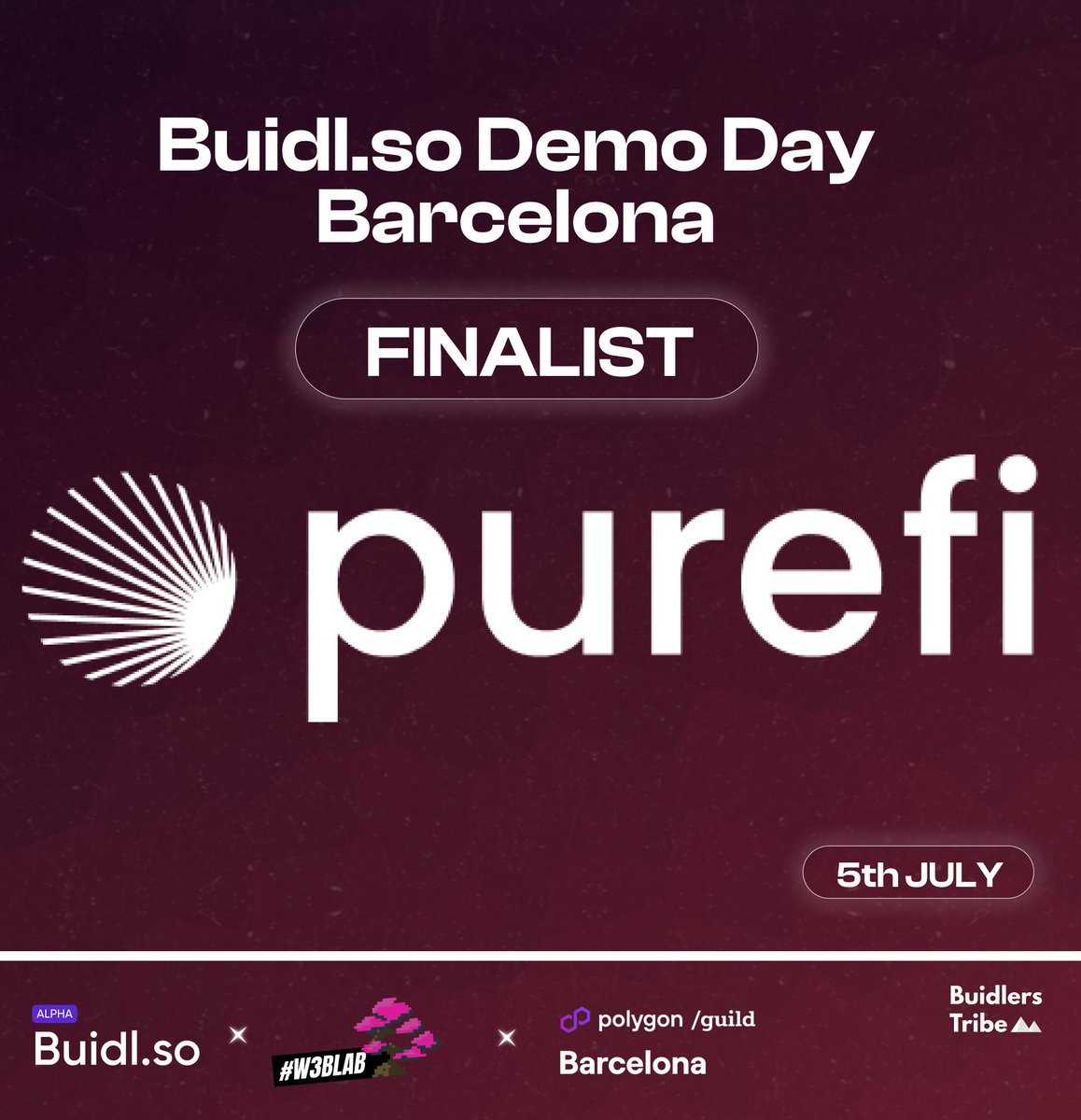 🗣️ <a href="/BuidlersTribe/">#buidler</a>'s Demo Day Barcelona

We're excited to announce that we'll be pitching PureFi to 80+ investors &amp; Web3 leaders at the Demo Day Barcelona, organised by <a href="/BuidlersTribe/">#buidler</a> with <a href="/W3B_Lab/">W3B Lab 👾</a> and <a href="/PolygonGuildBRC/">Polygon Guild Barcelona</a>.

Networking with the industry's finest!