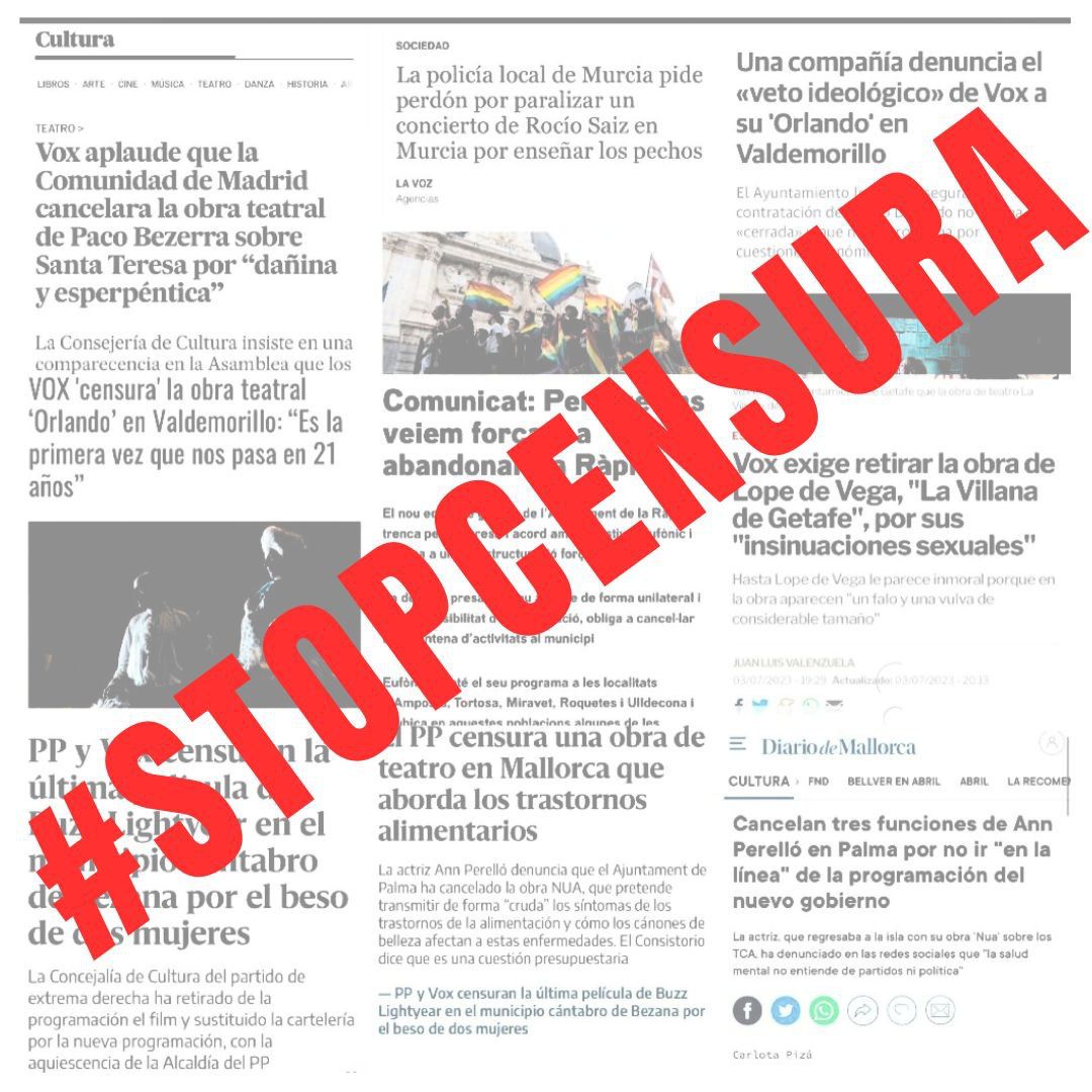 Professionals de la cultura volem denunciar el retorn de la censura que està atemptant contra la llibertat d’expressió, un dret consolidat socialment i democràticament en la nostra Constitució. Exigim la protecció dels nostres drets fonamentals: sense CULTURA no hi ha democràcia
