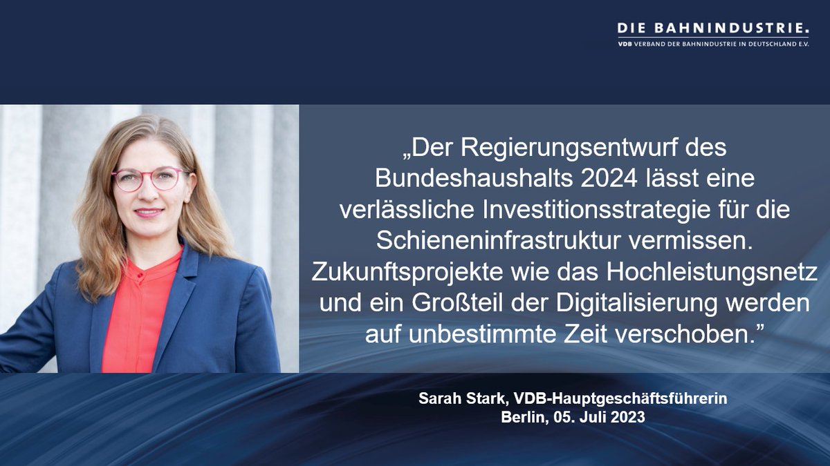 Regierungsentwurf des #Bundeshaushalt2024 lässt verlässliche Investitionsstrategie für die #Schiene vermissen. Es sind deutlich weniger Investitionsmittel eingestellt, als sie die Koalition im März verabredet hat. 👇 bahnindustrie.info/de/presse/pres…