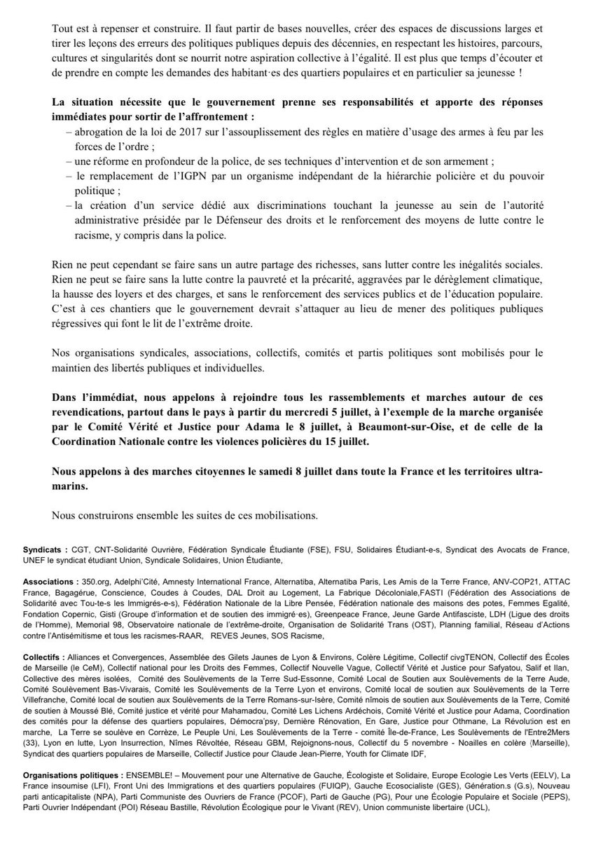⚫️ Notre pays est en deuil et en colère.

« Nous appelons à rejoindre les rassemblements à partir du 5 juillet, à l'exemple de la marche organisée par le Comité <a href="/laveritepradama/">La Vérité Pour Adama</a> le 8/07 et de celle de la Coordination Nationale contre les violences policières du 15/07 »👇