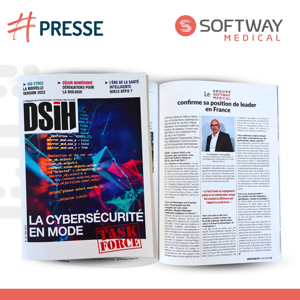 #PRESSE 📰 Le Groupe <a href="/SoftwayMedical/">Softway Medical</a> confirme sa position de leader 🩺 en France dans le numéro 39 du magazine <a href="/DSIH_esante/">DSIH</a>.
softwaymedical.fr/le-groupe-soft…