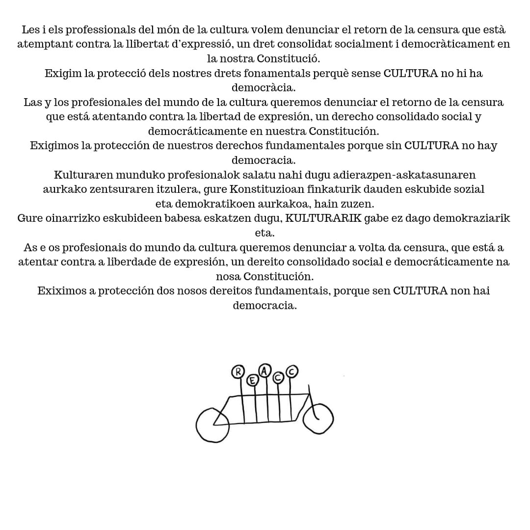 #NoAlaCensura 

Desde #REACC denunciamos cualquier tipo de censura o límite a la creación, divulgación y gestión artística y cultural.

Si vamos juntas, somos más fuertes 💪🏽 

#culturacomunitaria #somosterritorio