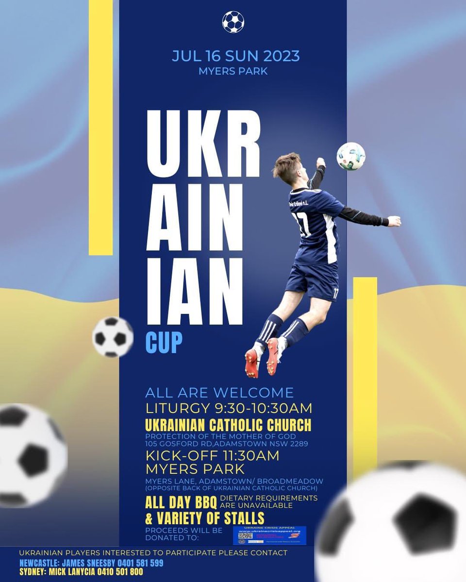 jim_sneez's tweet photo. THE UKRAINIAN CUP!🇺🇦🇦🇺

A charity soccer game which sees Newcastle Ukrainians vs Sydney Ukrainians to raise much needed funds for the Ukraine Crisis Appeal

The day will also feature a range of Ukrainian stalls and food

Sunday 16/7 Myer Park, Adamstown. 1130am https://t.co/FXAPfnulsc