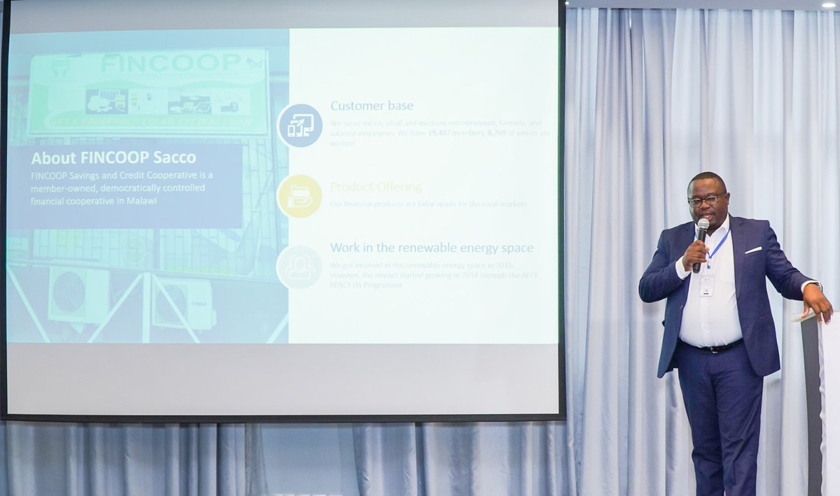 AECFAfrica's tweet photo. AECF took a great risk in financing FINCOOP through #REACTHS. Had they not come in at the time, the company would not be here. It is important, therefore, to deliberately engage financial service providers to complement the efforts of Africa's renewable energy suppliers - McMillian Nakhonya, CEO, FINCOOP Malawi