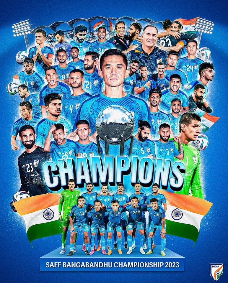 भारतीय फुटबॉल टीम ने #SAFFChampionship में 9वीं बार ऐतिहासिक जीत दर्ज की। समस्त देशवासियों को पुनः गौरवान्वित करने के लिए भारतीय फुटबॉल टीम के सभी खिलाड़ियों को हार्दिक बधाई एवं शुभकामनाएं।