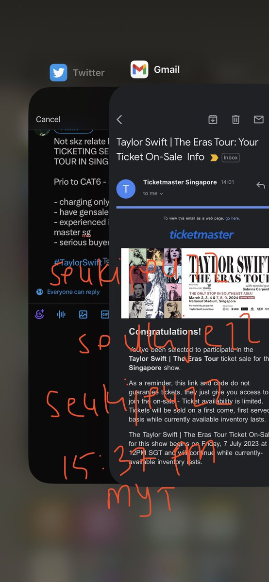 seukijeuzz's tweet photo. Not skz relate but, legit af 🥹 
TICKETING SERVICE FOR TS ERAS TOUR IN SINGAPORE~ 

Prio to CAT6 - max slot 3 only!

- charging only 20$ sgd per ticket
- have gensale code
- experienced in ticketing using ticket master sg
- serious buyer only!

#TaylorSwift #ErasTourSG https://t.co/qDXItjTDKc