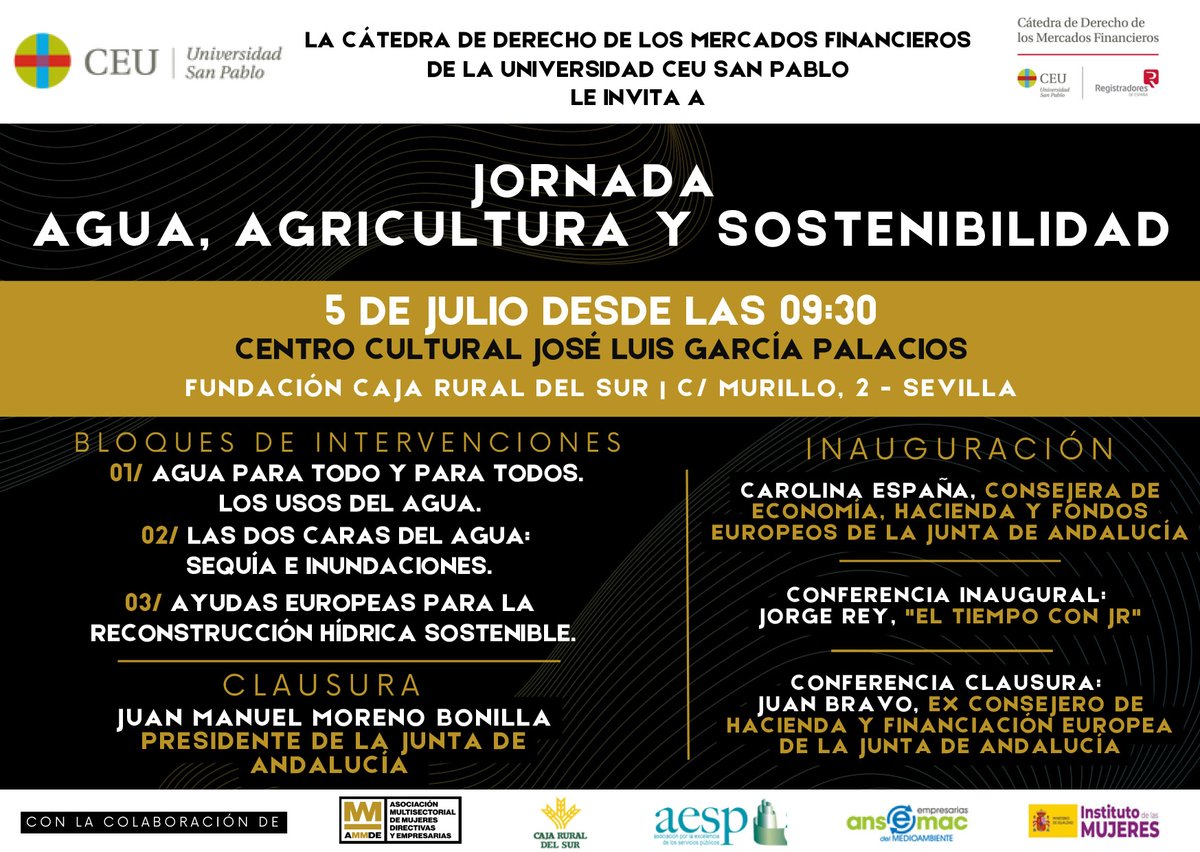 VectorHorizonte's tweet photo. Vector Horizonte participará en la jornada AGUA 📷, AGRICULTURA 📷 Y SOSTENIBILIDAD , organizada por LA CÁTEDRA DE DERECHO DE LOS MERCADOS FINANCIEROS DE LA @USPCEU , con la participación en la misma de  Antonio Fernández Santa Cruz , Socio Fundador de #VectorHorizonte https://t.co/VG2DeRIWBN