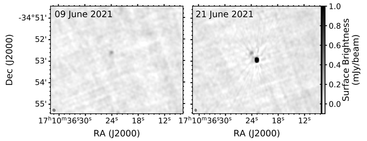 MeerTRAP's tweet photo. We did get a nice localisation in images though, here's the "off" and "on" image of PSR J1710-3452 https://t.co/lbekQfKDoL