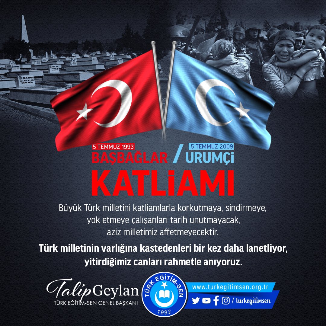TalipGeylan06's tweet photo. 5 Temmuz 1993'de, Erzincan Başbağlar’da bölücü terör örgütü PKK tarafından şehit edilen 33 vatandaşımızı
ve
5 Temmuz 2009’da Urumçi’de katil Çin yönetimi tarafından katledilen yüzlerce Doğu Türkistan’lı soydaşımızı rahmetle anıyorum.
Aziz ruhları şad olsun.
#Başbağlar
#Urumçi
#DoğuTürkistan