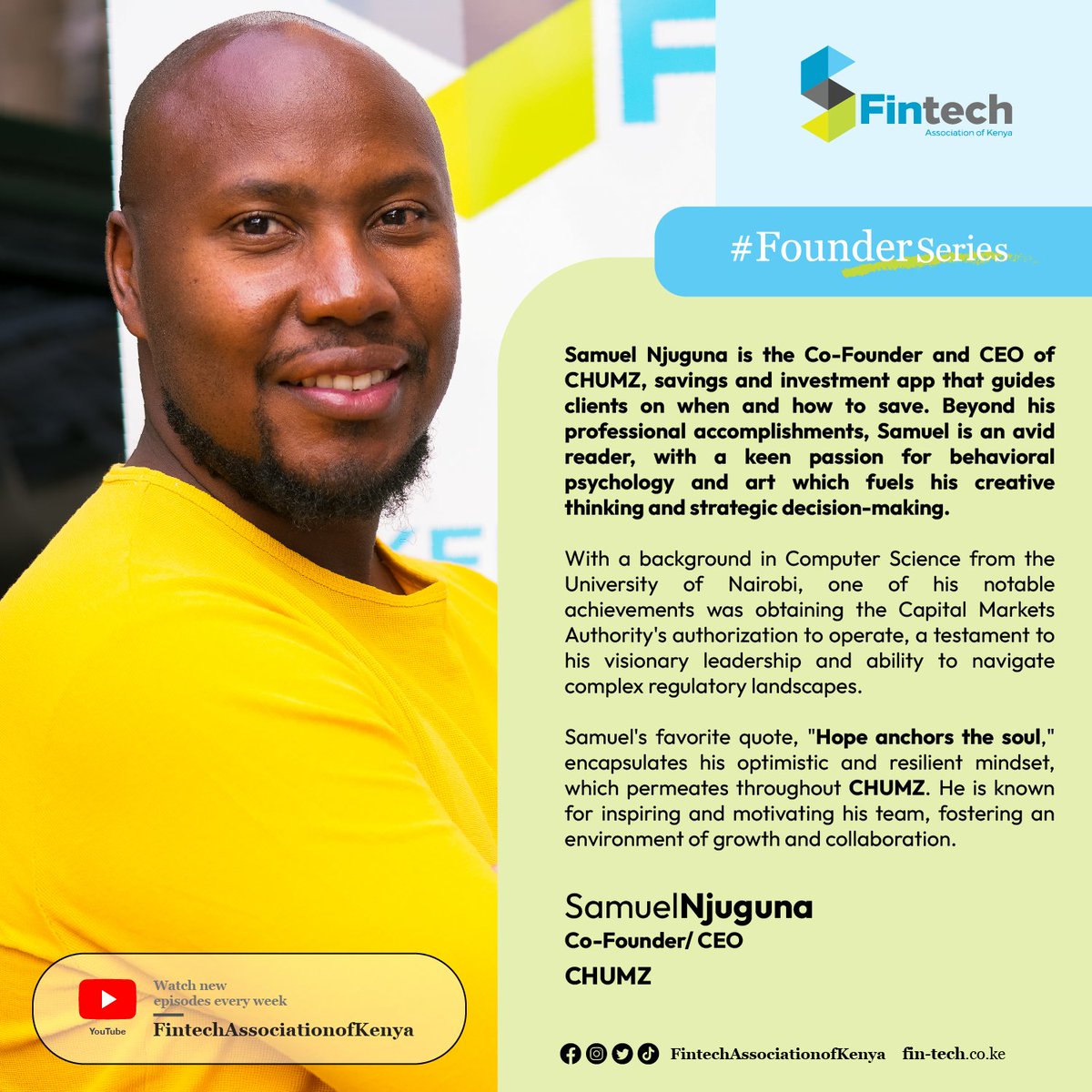 Fintech_Ke's tweet photo. Samuel is not only a techie, he is a lover of art and reads extensively on behavioral psychology. We talked to him about what problem https://t.co/07TMaF0Qse solves in the market. Catch the episode dropping today on our Youtube Page.

https://t.co/KjDjxmkjRR https://t.co/Giecc8aZN9