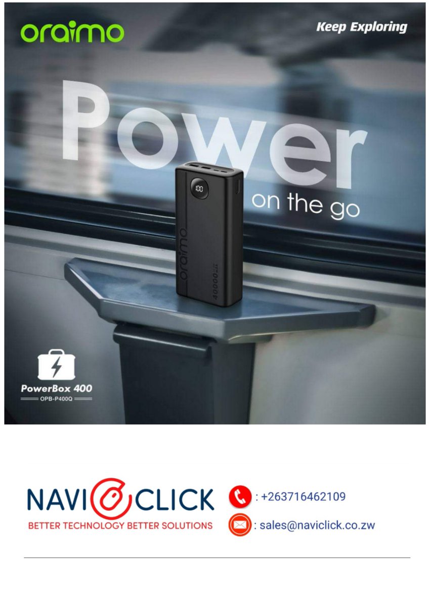 naviclickzw's tweet photo. Keep Your Devices Powered on the Go
Oraimo Powerbox 400
. 40 000mAh
. 22.5W
. 2 Input Ports
. Charge Up to 5 Devices at the same time
. 2 Weeks of Battery Backup
@ Only $55
#powerbank #oraimo #anifast #charger #technology #like #follow https://t.co/0BKU1Rsc9Q