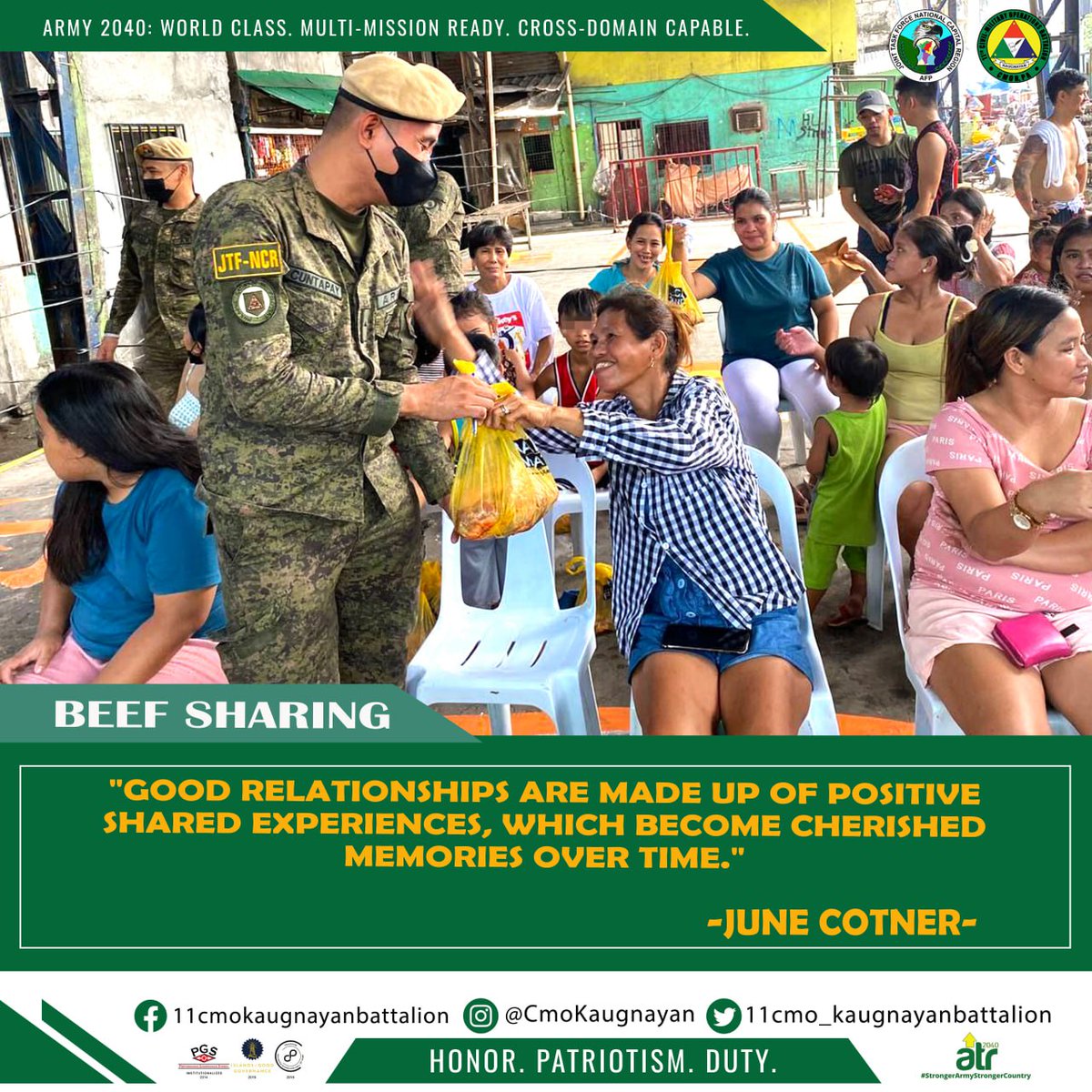 CmoKaugnayan's tweet photo. "Good relationships are made up of positive shared experiences, which become cherished memories over time."
-June Cotner
Follow us on:
Instagram:https://t.co/rYm0grQHuP
Youtube: https://t.co/MRvNlJaZhr
#StrongUnitedReliable
#StrongerArmyStrongerCountry https://t.co/TWdn7Thcwz
