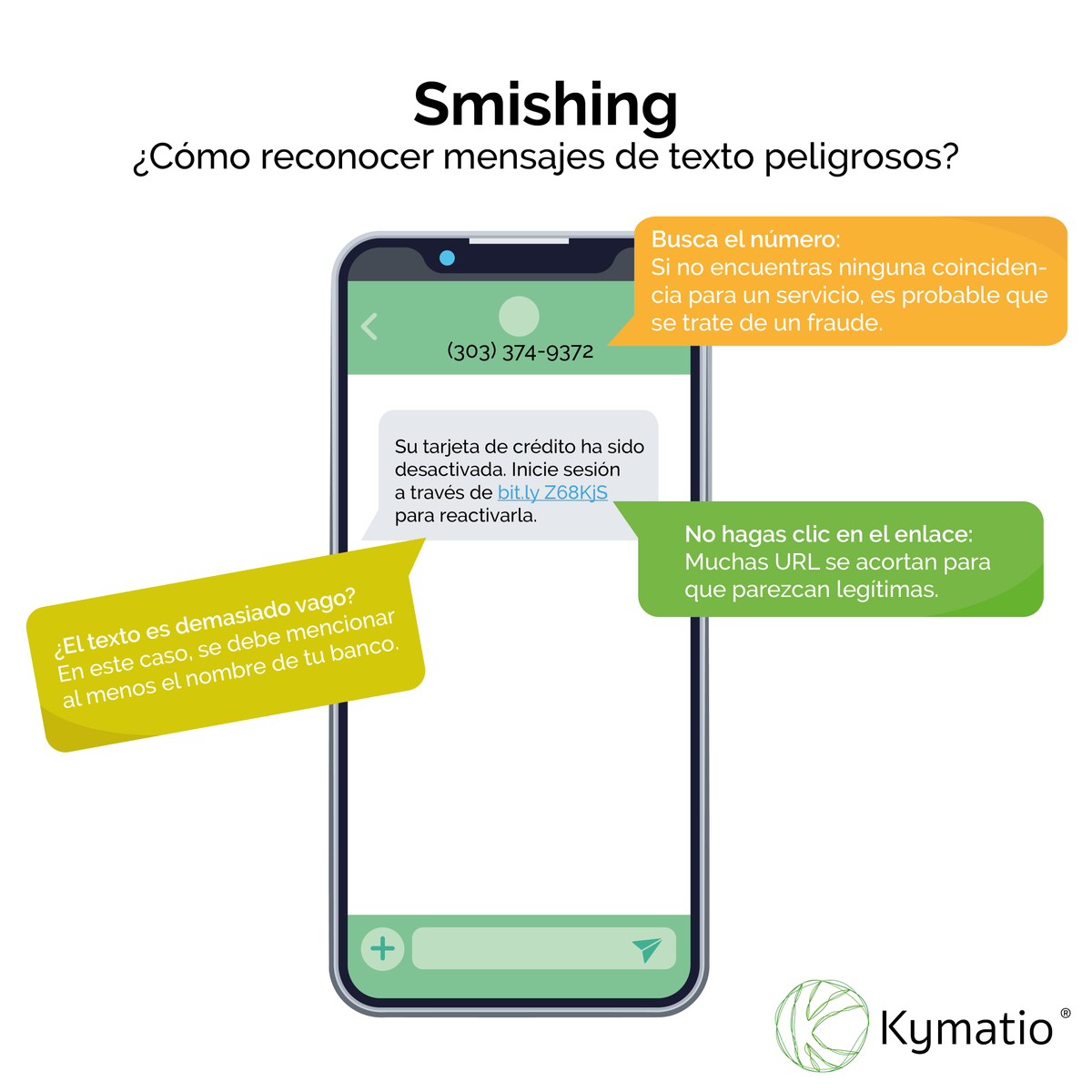 Kymatioglobal's tweet photo. ¿Cómo reconocer mensajes de texto maliciosos? Te lo mostramos en la siguiente imagen.📲
🚀¡Conoce todo lo necesario para proteger tu organización con #Kymatio!
https://t.co/GdHHCbofDa https://t.co/aAXnSXWm1h