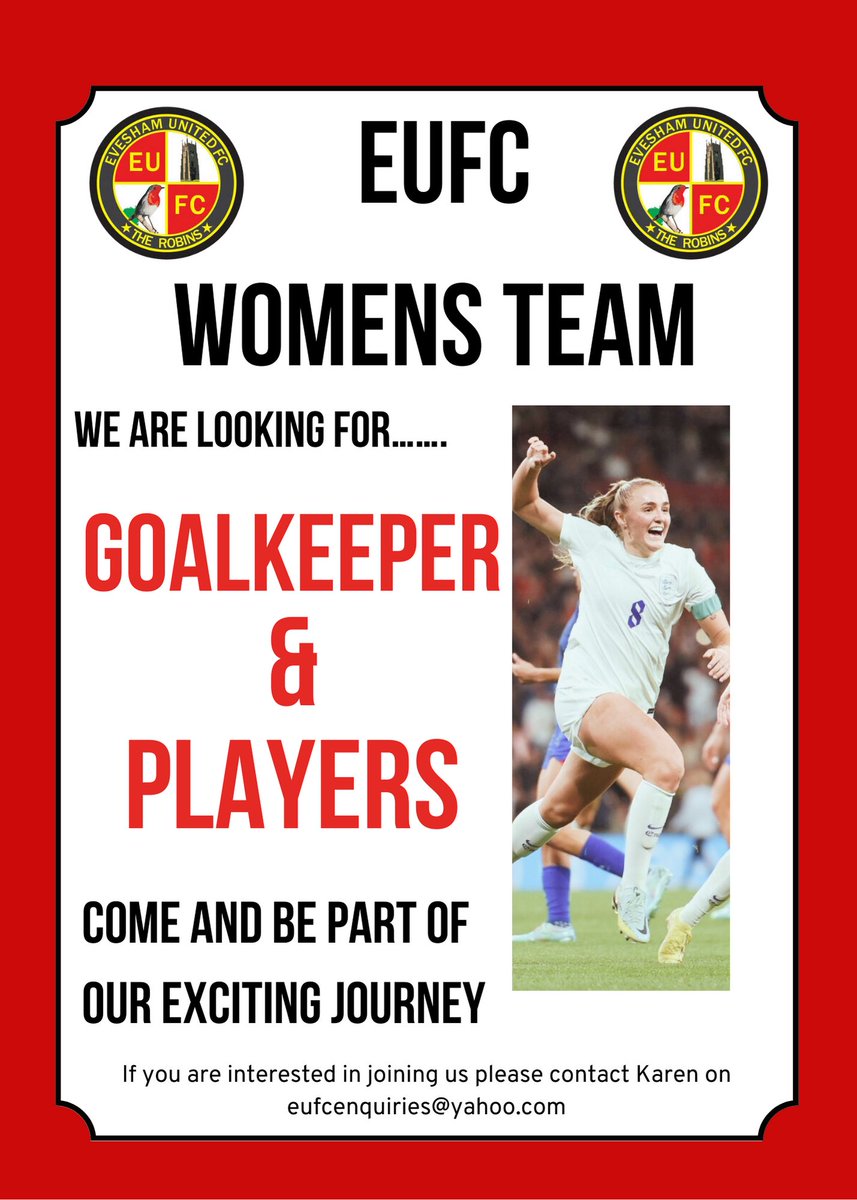 We are looking to recruit more players for our exciting new team 
#joinus
#bepartofourstory
@EveshamUnitedFC