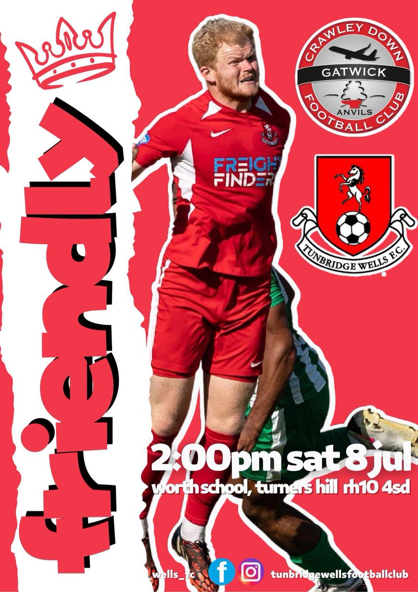 Tun_Wells_FC's tweet photo. Pre-season continues this Saturday with a visit to @TheSCFL side Crawley Down Gatwick. 

🗓️ Saturday 8th July
🕒 KO 2pm
🏟️ Worth School
📍 RH10 4SD
🍺 Not available
🎟️ Free
🔴⚪️ https://t.co/cHQ0II72eF