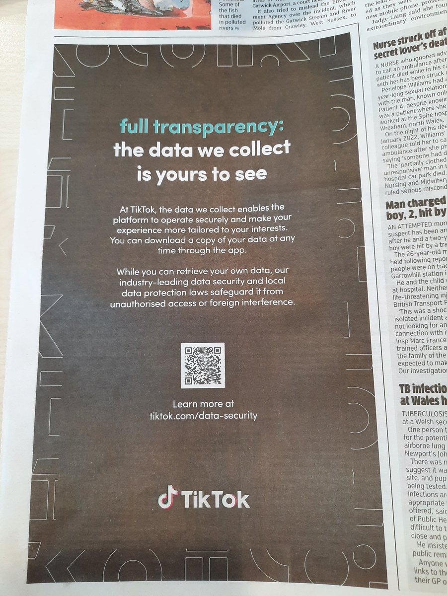 Dr Joyce Costello (@drjoycec) on Twitter photo Feeling old school and picked up paper copy of #Metro Interesting to see #TikTok advertising their data transparency in the UK. Is this part of campaign to stop UK policymakers and <a href="/DCMS/">Department for Culture, Media and Sport</a> to follow #USA #Congress and investigate? Feeling old school and picked up paper copy of #Metro Interesting to see #TikTok advertising their data transparency in the UK. Is this part of campaign to stop UK policymakers and <a href="/DCMS/">Department for Culture, Media and Sport</a> to follow #USA #Congress and investigate?