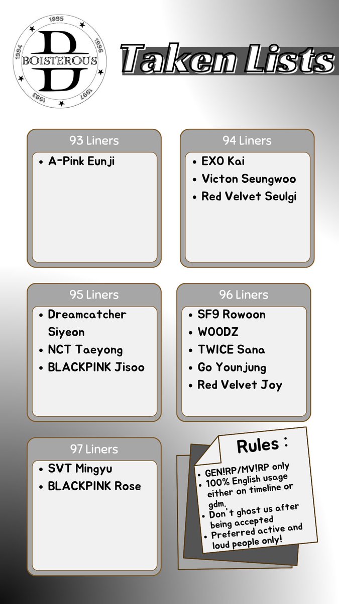 [ OPEN FOR RECRUITMENT ]

BOISTEROUS, a 93-97 English-based squad.

We are currently open for recruitment! If you notice that your character is not on the list, and you have fulfilled the rules attached in the photo, please do leave a reply!

Dateline: Friday, 11.59PM KST.