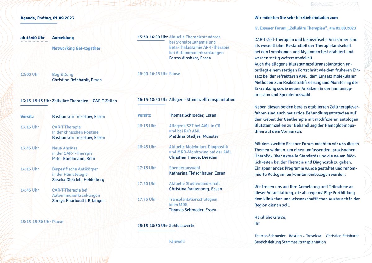 Hämatologie und Stammzelltransplantation, UK-Essen (@hamatologieuk) on Twitter photo Save the Date! 2. Symposium #ZelluläreTherapien am 1.9.2023 in Essen. Aktuelle Entwicklungen auf dem Gebiet der #Stammzelltransplantation und #CART-Zellen gemeinsam diskutieren. Wir freuen uns über Euren/Ihren Besuch!
<a href="/UniklinikEssen/">Uniklinikum Essen</a> <a href="/B_von_Tresckow/">Bastian von Tresckow</a> <a href="/chr_reinhardt/">Christian Reinhardt</a> <a href="/TSchroedee/">Thomas Schroeder</a> Save the Date! 2. Symposium #ZelluläreTherapien am 1.9.2023 in Essen. Aktuelle Entwicklungen auf dem Gebiet der #Stammzelltransplantation und #CART-Zellen gemeinsam diskutieren. Wir freuen uns über Euren/Ihren Besuch!
<a href="/UniklinikEssen/">Uniklinikum Essen</a> <a href="/B_von_Tresckow/">Bastian von Tresckow</a> <a href="/chr_reinhardt/">Christian Reinhardt</a> <a href="/TSchroedee/">Thomas Schroeder</a>