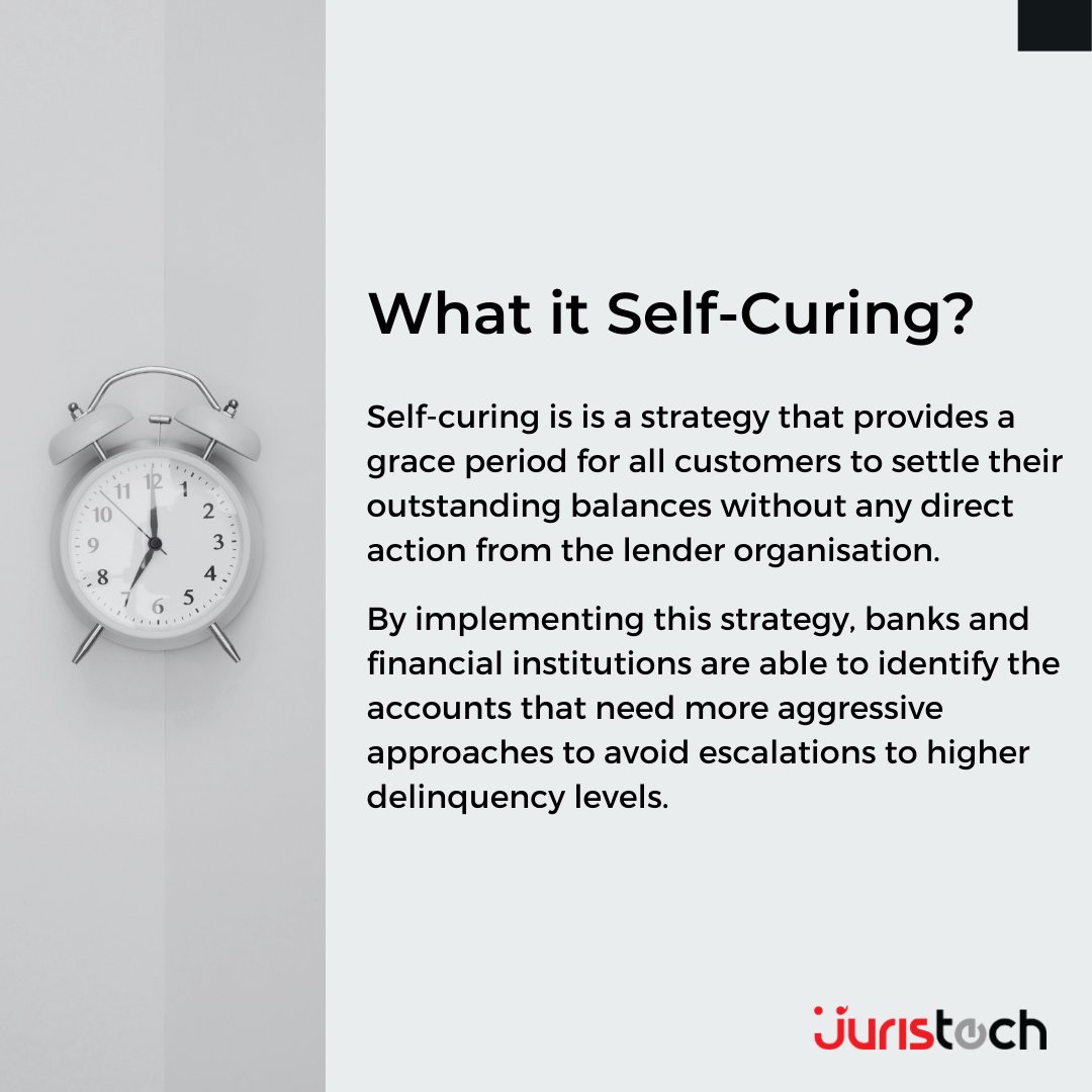 myjuristech's tweet image. The self-curing strategy is a strategy that provides a grace period for all customers to settle their outstanding balances without any direct action from the lender organisation.
#debtcollection #strategy #selfcuring #JurisTech