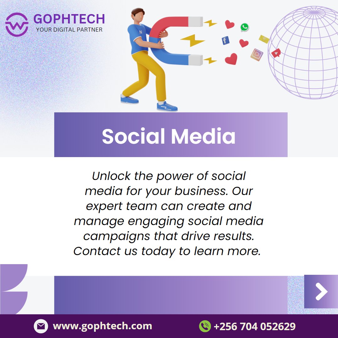 Unlock the power of social media for your business. Our expert team can create and manage engaging social media campaigns that drive results.
WhatsApp now: +256704052629

#gophtechnologies #gophtech #socialemedia #digitalmarketingagency #socialemediamarketing #socialadvertising