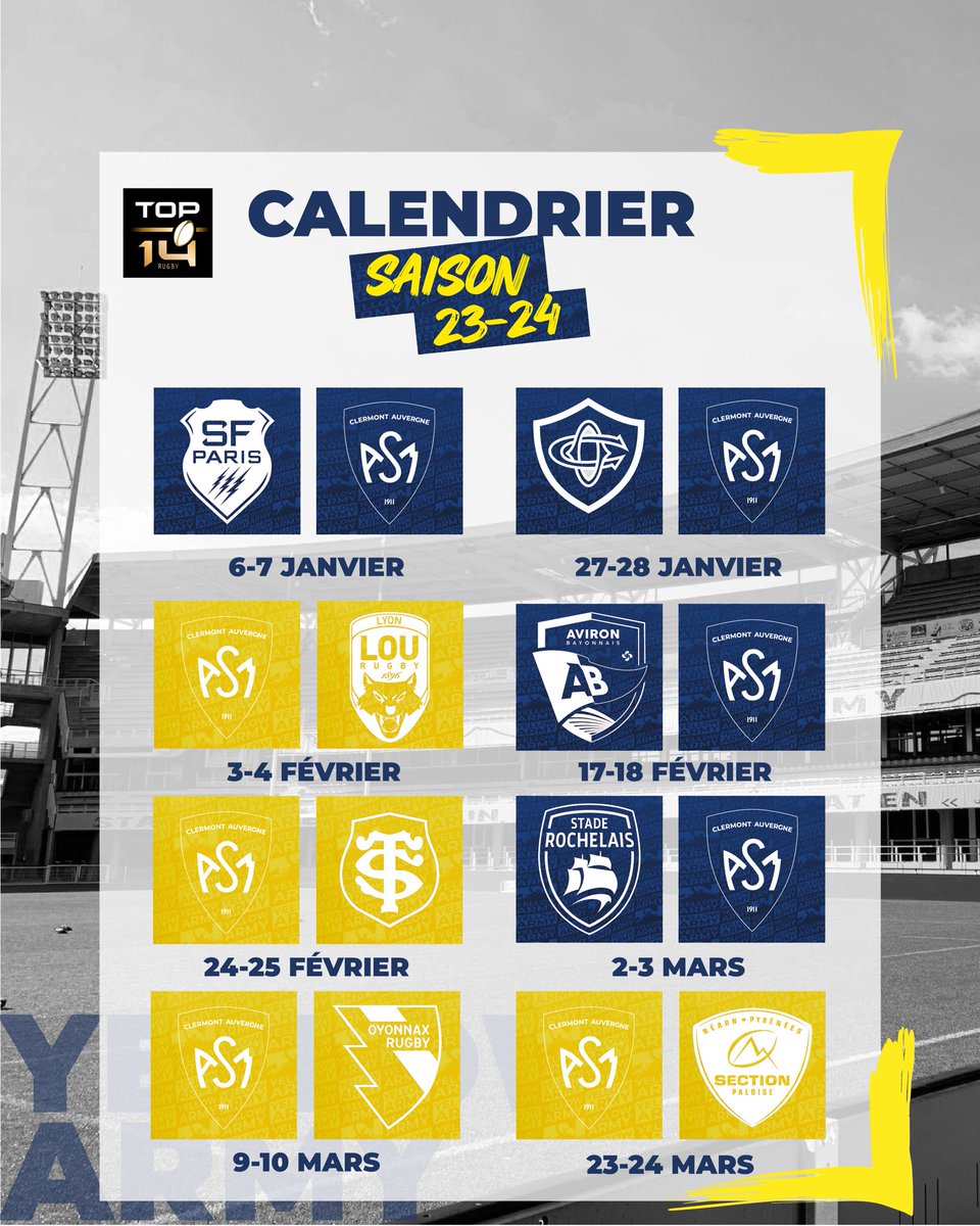 ASMOfficiel's tweet photo. 💛 Calendrier 2023/24 💙

Les Clermontois se déplaceront à @OyonnaxRugby pour débuter la saison avant de recevoir deux fois au #Michelin avant la Coupe du Monde, @usap_officiel  et @staderochelais 🔥
#YellowArmy https://t.co/j6BRnU39mx