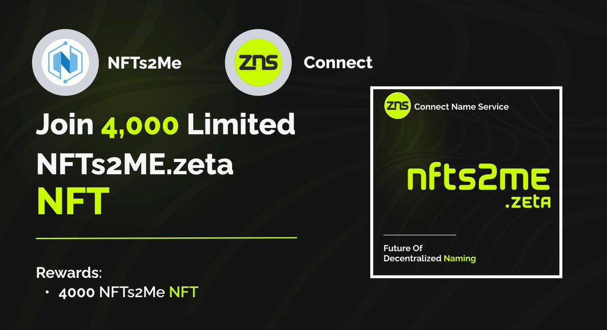 ZNSConnect's tweet image. 📢 Join NFTs2Me and ZNS: Create NFT Collection! 🎨
taskon.xyz/campaign/detai…

Tasks:
1️⃣ Follow @nfts2me  
2️⃣ Join the NFTs2Me and ZNS Connect  Discord
3️⃣ Follow @ZNSConnect 
4️⃣ Create NFT Collection on @zetachain Testnet 

Rewards:
1️⃣ The first 4,000 receive NFTs2Me.zeta NFT.