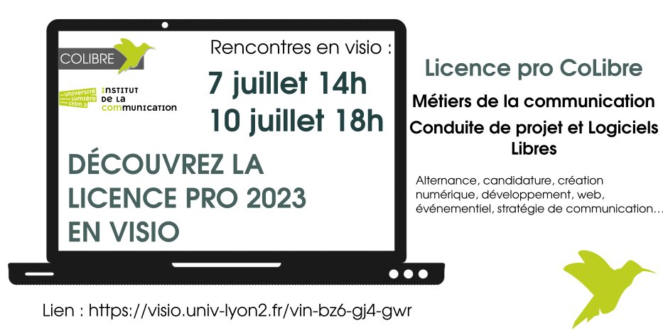 vous réorienter vers un parcours pro en 1 an communication et numérique éthique?  cette licence pro "#communication, conduite de projet, #logicielslibres" vous intéressera.
visio en direct ven. 7/7 à 14h et lun. 10/07 à 18h 
visio.univ-lyon2.fr/vin-bz6-gj4-gwr
candidature du 11/7 au 23/8