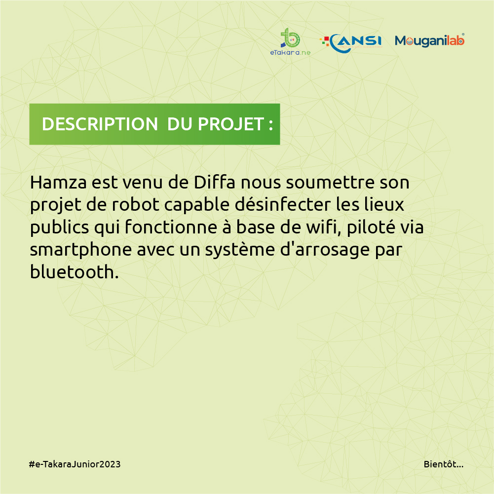 eTakaraJunior's tweet photo. #flashbackETakaraJunior

Hamza a appelé son projet ROBOT SANITAIRE : il fonctionne à base de wifi et capable de désinfecter les lieux publics

Bientot E-Takara Junior 2023 https://t.co/bYFEmXVnA5