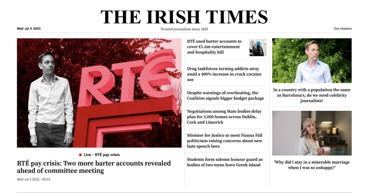 IrishDocsEnv's tweet photo. If only the #ClimateCrisis &amp; #BiodiversityCrisis received the same amount of attention as the RTE pay crisis... 

The RTE pay crisis &amp; Ryan Tubridy feature 3!! times on the @IrishTimes front page this morning. 

The climate, planet &amp; biodiversity barely make it to the front page. https://t.co/gKITULrcCR