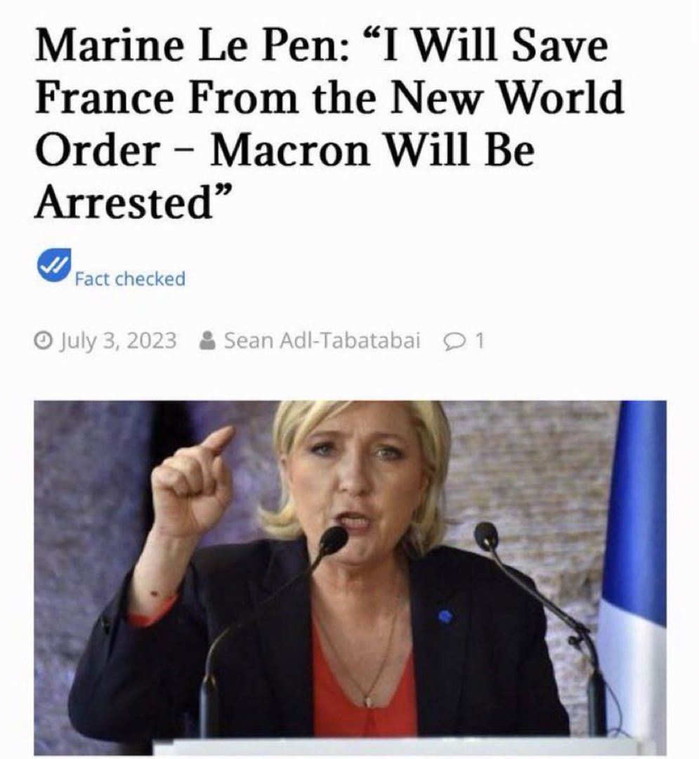 🛑🛑🔥🔥 
Heute hat Marine Le Pen eine Ankündigung gemacht: 'Ich werde #Frankreich vor den Auswirkungen der neuen Weltordnung schützen, und #Macron wird zur Verantwortung gezogen werden.' #WEF2030Agenda #WEFpuppets #Paris #FranceProtests #FranceRiots