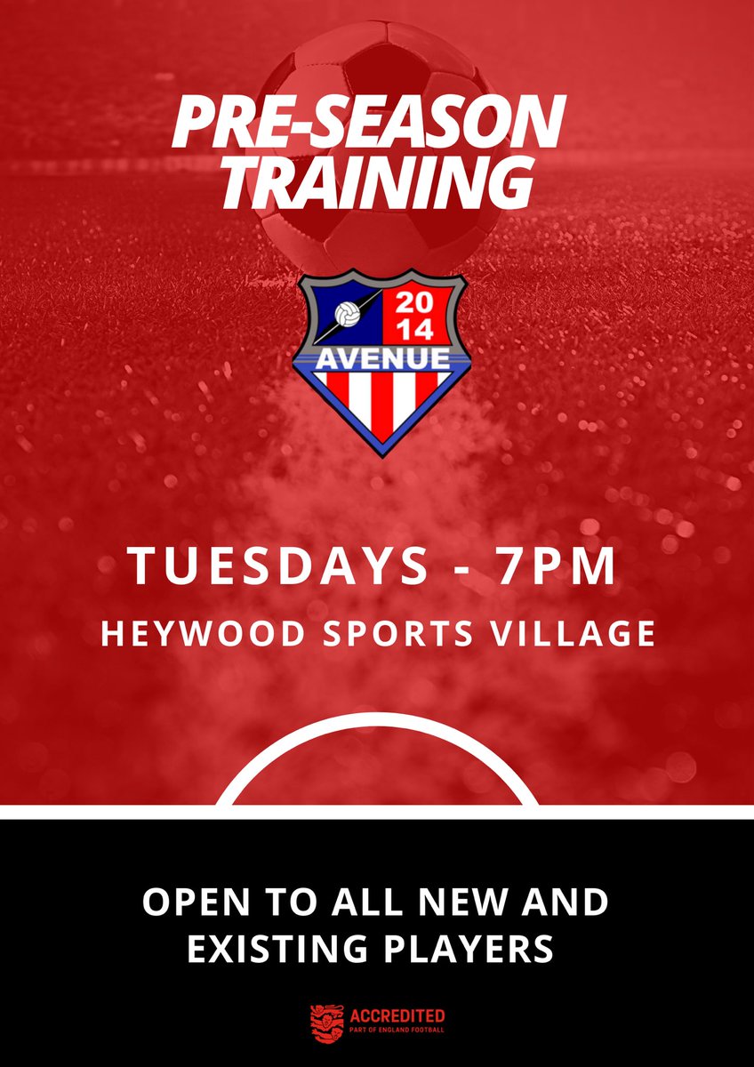avenue_football's tweet photo. Pre-Season is underway at Avenue FC and if you are interested in coming down for training you are more than to join us on a Tuesday at Heywood Sports Village.

🔴⚫️🔵

#AvenueFC #OneClub https://t.co/kp4jCwoEQD