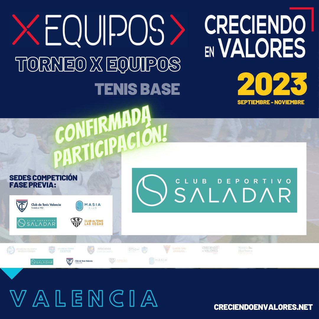 Os presentamos otro de los equipo participantes del torneo XEquipos <a href="/CreciendoenVal1/">Creciendo en Valores</a> 2023.
En esta ocasión <a href="/CD_Saladar/">C. D. Saladar</a>, que además será sede oficial del torneo en #Valencia.

#Barcelona #Madrid #Cordoba
#tenis #tenisbase #tenisxequipos