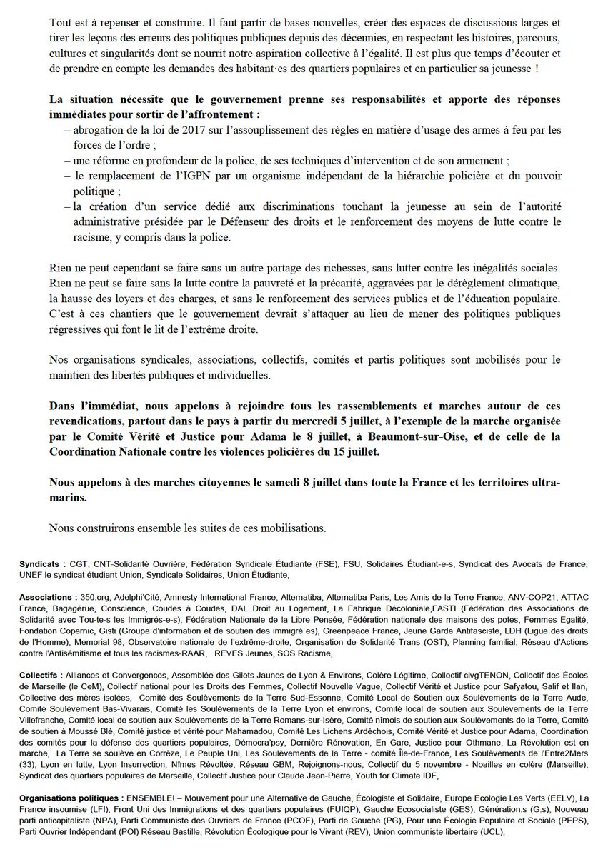🔴 Notre pays est en deuil et en colère.

Plus de 100 collectifs et organisations syndicales, politiques et associatives signent cette démarche unitaire et salutaire, marquant un premier cap pour une convergence des luttes.

#Nahel