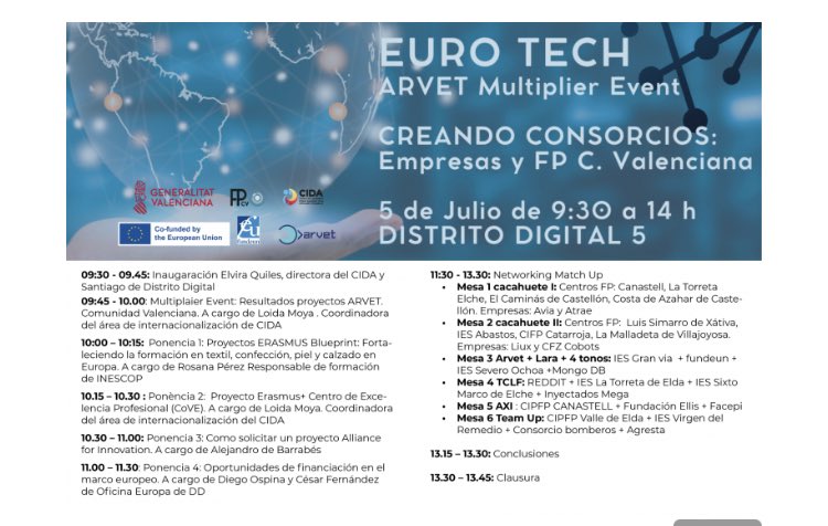 alisonlor's tweet photo. Comenzamos #EUROTECH ARVET: Multiplier Event. Creando Consorcios. Empresas y centros #FPValenciana @CIDA_gva @GVAddigital https://t.co/tH6ArxN8GA