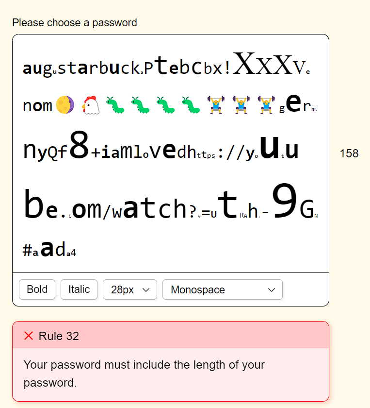 ChickenLentil's tweet photo. I am stuck at rule 32 of the #passwordgame 😫😫 https://t.co/M1l5gn9JU4