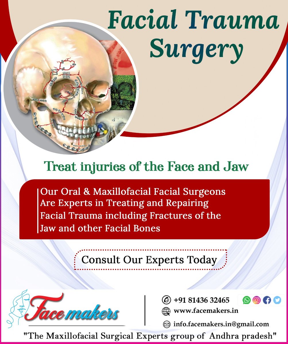 Facial Trauma Surgery
For Consultation Visit Our Website :facemakers.in
For appointment :+ 91 81436 32465
#facialtraumasurgery #bestmaxillofacialsurgeons #treatinjuries
#head&neckcancers #bestoncologist #oralcancer #besttreatment
#orthognathicsurgery #facialinjuries