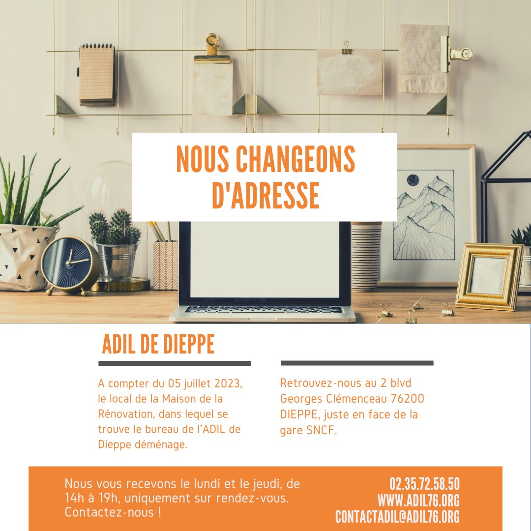 ⚠️ ATTENTION ⚠️

A compter du 05/07/23, l'ADIL de Dieppe déménage 📦

Retrouvez-nous au 2 Blvd Georges Clémenceau à Dieppe👩‍💻

Nous vous recevons le lundi et le jeudi, de 14h à 19h, sur rendez-vous 📆

📞 Contactez-nous au 02.35.72.58.50

#adil76 #logement #AnilAdil #AdilAnil